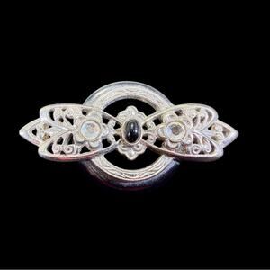Vintage Art Deco Onyx-Style Silver-Tone Brooch with Clear Stones 2.25” long